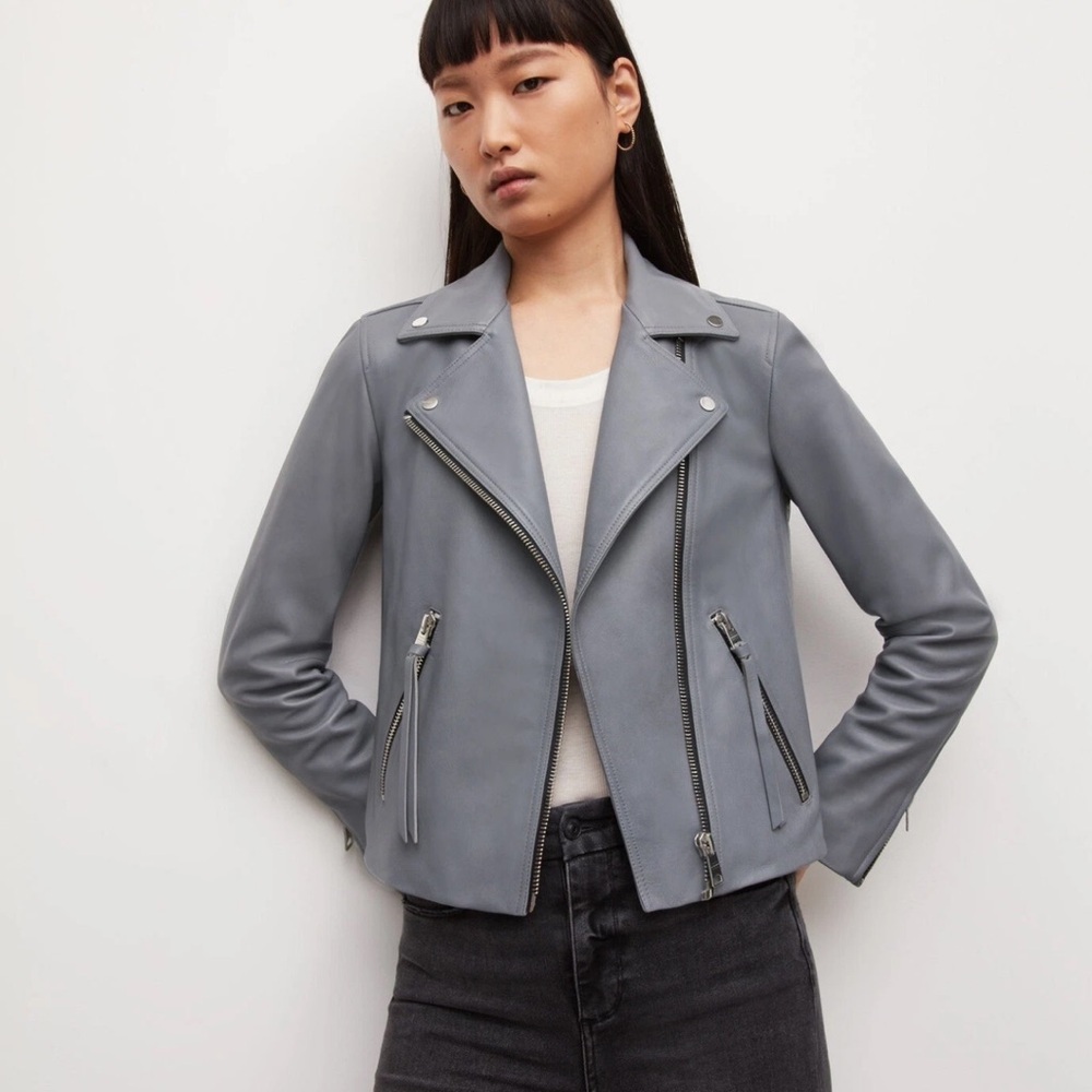 All Saints Dalby Leather Jacket in Grey Steel - Size 2 - Picture 2 of 10